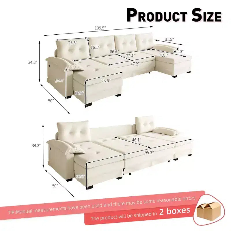 GDFStudio Yuna Divano Letto Moderno a U da 110 cm in Ferro e Legno con Rivestimento in Ciniglia, Letto Estraibile e Porte USB