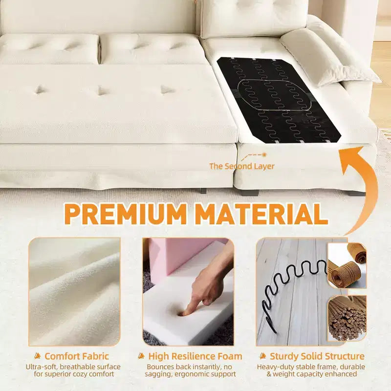 GDFStudio Yuna Divano Letto Moderno a U da 110 cm in Ferro e Legno con Rivestimento in Ciniglia, Letto Estraibile e Porte USB