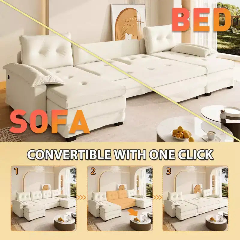 GDFStudio Yuna Divano Letto Moderno a U da 110 cm in Ferro e Legno con Rivestimento in Ciniglia, Letto Estraibile e Porte USB