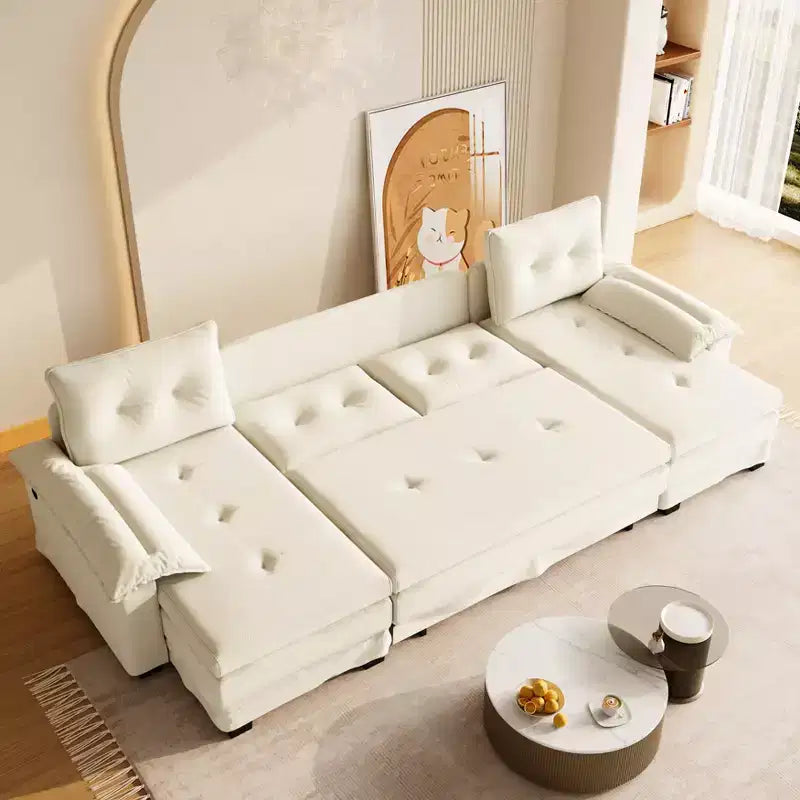 GDFStudio Yuna Divano Letto Moderno a U da 110 cm in Ferro e Legno con Rivestimento in Ciniglia, Letto Estraibile e Porte USB