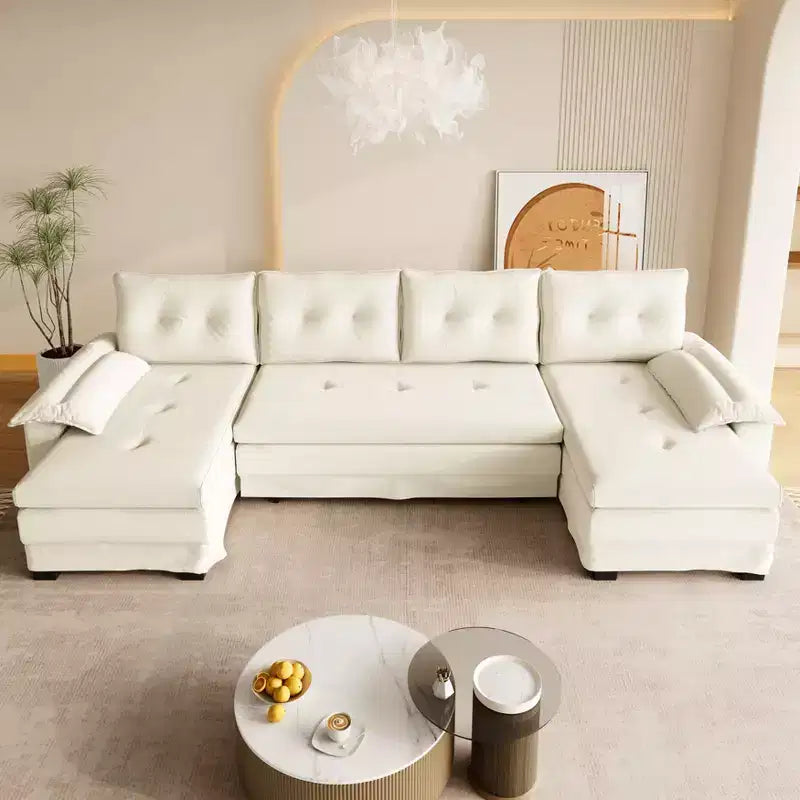 GDFStudio Yuna Divano Letto Moderno a U da 110 cm in Ferro e Legno con Rivestimento in Ciniglia, Letto Estraibile e Porte USB