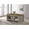Nyla 43W Gray Oak Coffee Table with Open Shelves, Front Back Shelves Walnut Finish Contrast Tabletop Living Room Table
