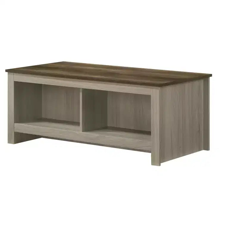 Nyla 43W Tavolino da caffè in rovere grigio con ripiani aperti, ripiani frontali e posteriori con finitura noce, piano del tavolo a contrasto, tavolino da salotto