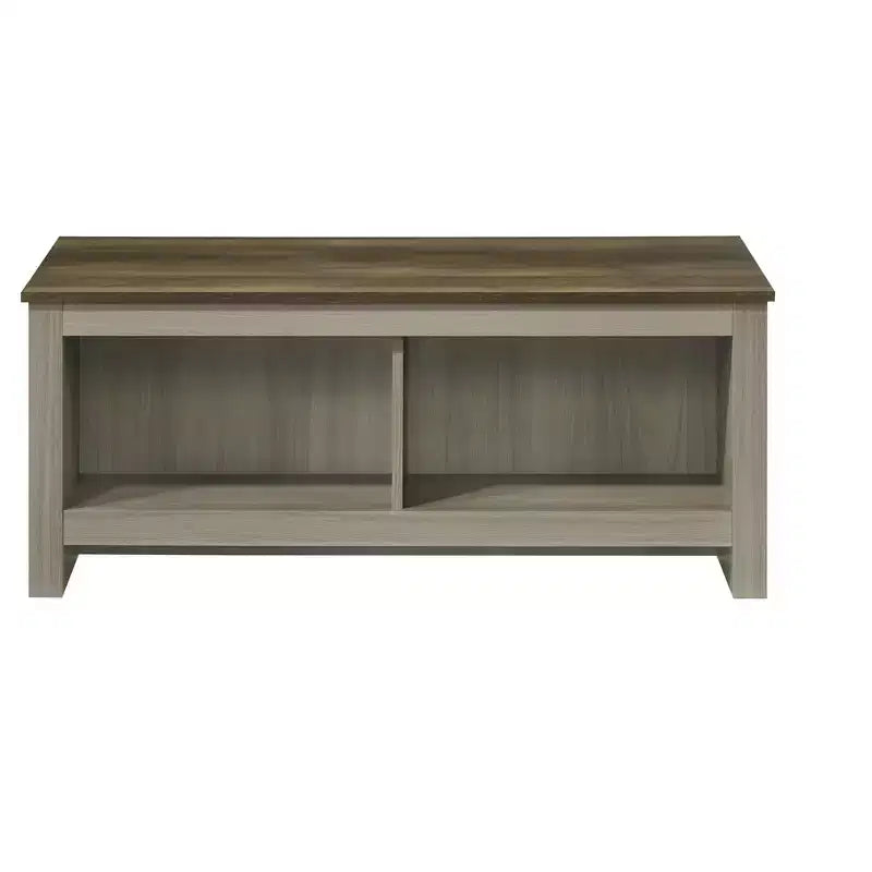 Nyla 43W Tavolino da caffè in rovere grigio con ripiani aperti, ripiani frontali e posteriori con finitura noce, piano del tavolo a contrasto, tavolino da salotto