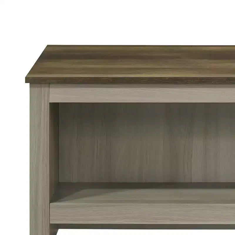Nyla 43W Tavolino da caffè in rovere grigio con ripiani aperti, ripiani frontali e posteriori con finitura noce, piano del tavolo a contrasto, tavolino da salotto