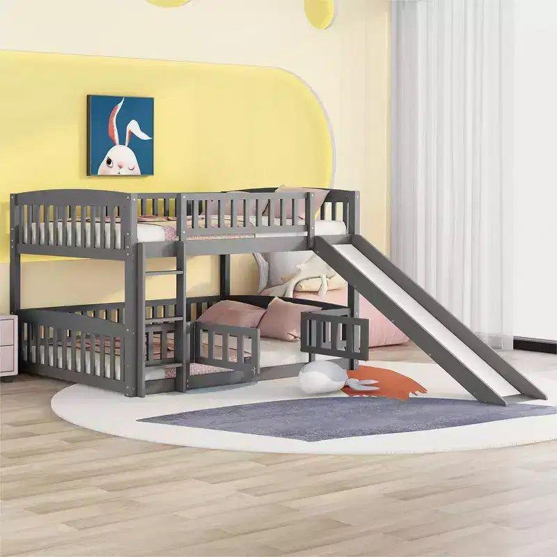 FAMYYT Letto a Castello in Legno Matrimoniale con Scivolo, Recinzione e Scaletta, Facile da Montare