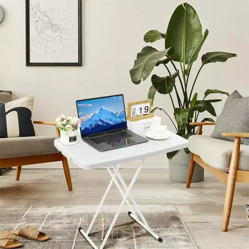 Tavolino Pieghevole Regolabile in Altezza, Struttura in Metallo, Tavolo Rettangolare per Snack e Laptop per Dormitorio, Camera da Letto, Soggiorno, Campeggio, Bianco