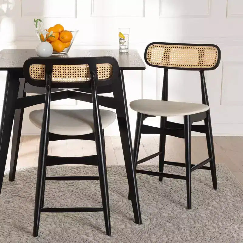 Sgabelli da Bar Altezza Bancone Baxton Studio 2pz Tarana in Tessuto e Legno Crema/Nero/Marrone Chiaro:Sgabelli da Cucina