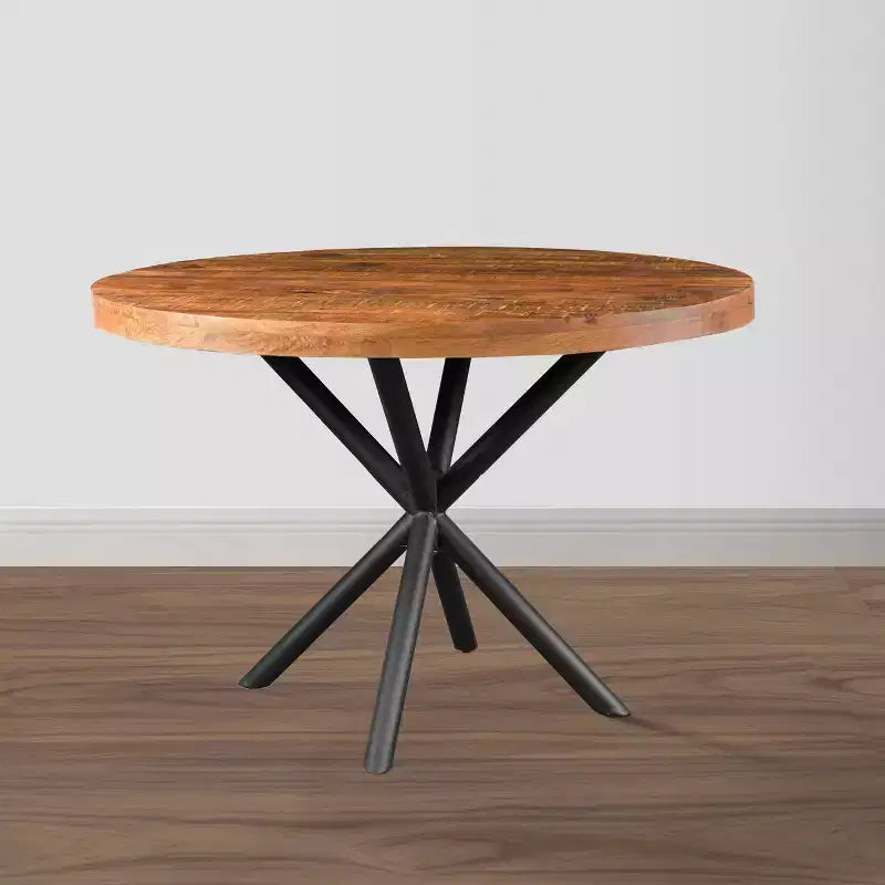 Tavolo da Pranzo Artigianale The Urban Port da 48" con Piano Rotondo in Legno Massello di Mango e Gambe Incrociate in Ferro, Marrone Naturale/Nero