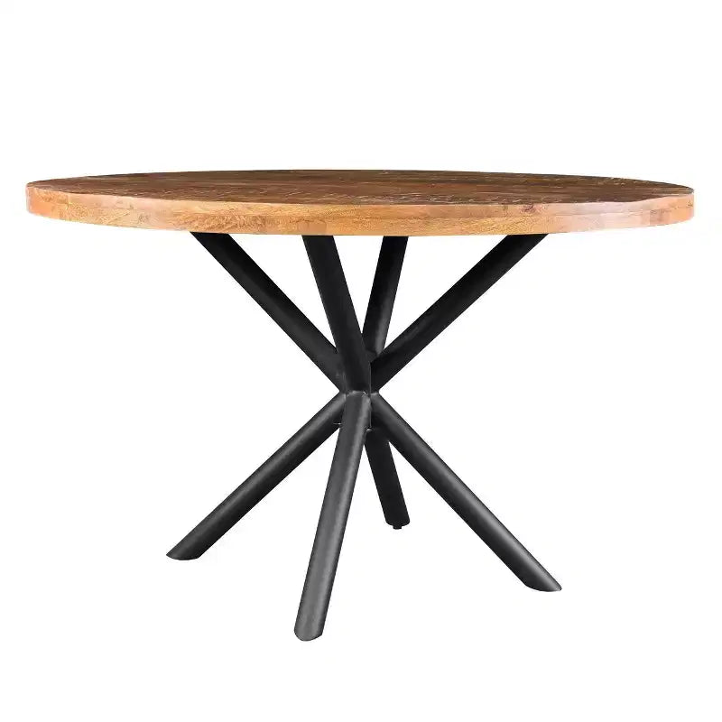 Tavolo da Pranzo Artigianale The Urban Port da 48" con Piano Rotondo in Legno Massello di Mango e Gambe Incrociate in Ferro, Marrone Naturale/Nero