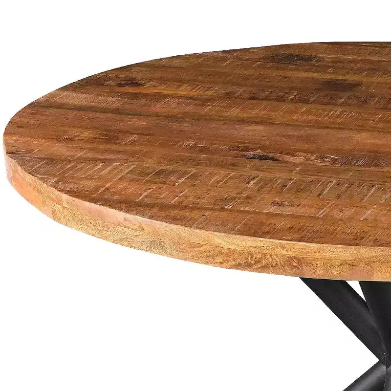 Tavolo da Pranzo Artigianale The Urban Port da 48" con Piano Rotondo in Legno Massello di Mango e Gambe Incrociate in Ferro, Marrone Naturale/Nero