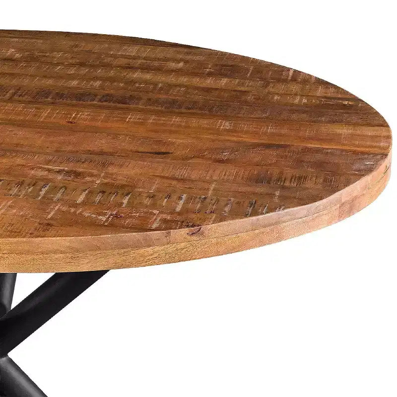 Tavolo da Pranzo Artigianale The Urban Port da 48" con Piano Rotondo in Legno Massello di Mango e Gambe Incrociate in Ferro, Marrone Naturale/Nero