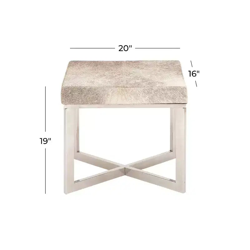 Sgabello quadrato contemporaneo in pelle bovina e acciaio inossidabile argento - Olivia & May