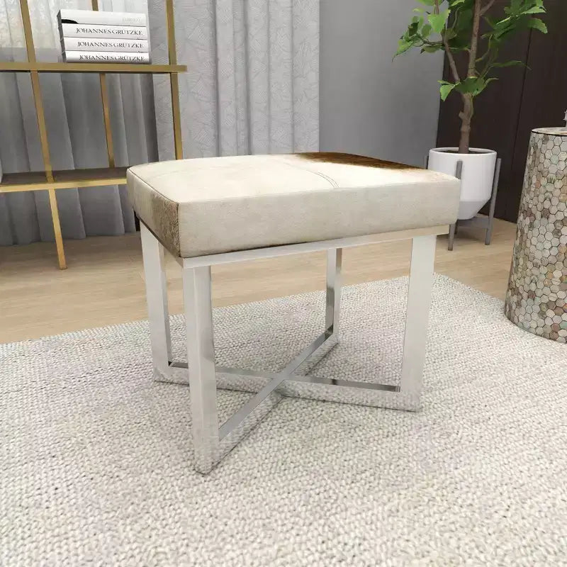 Sgabello quadrato contemporaneo in pelle bovina e acciaio inossidabile argento - Olivia & May