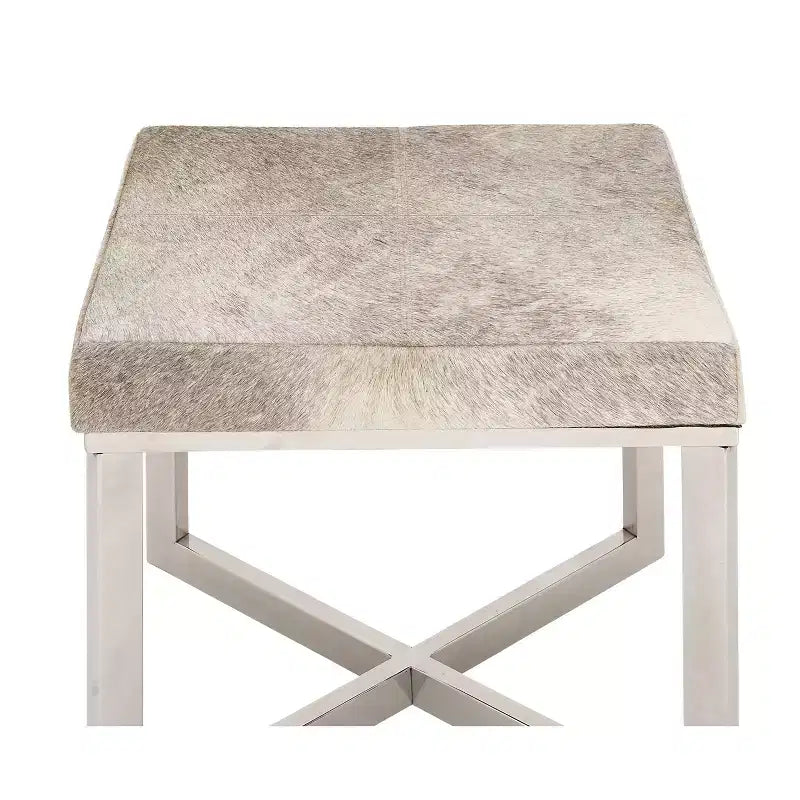 Sgabello quadrato contemporaneo in pelle bovina e acciaio inossidabile argento - Olivia & May