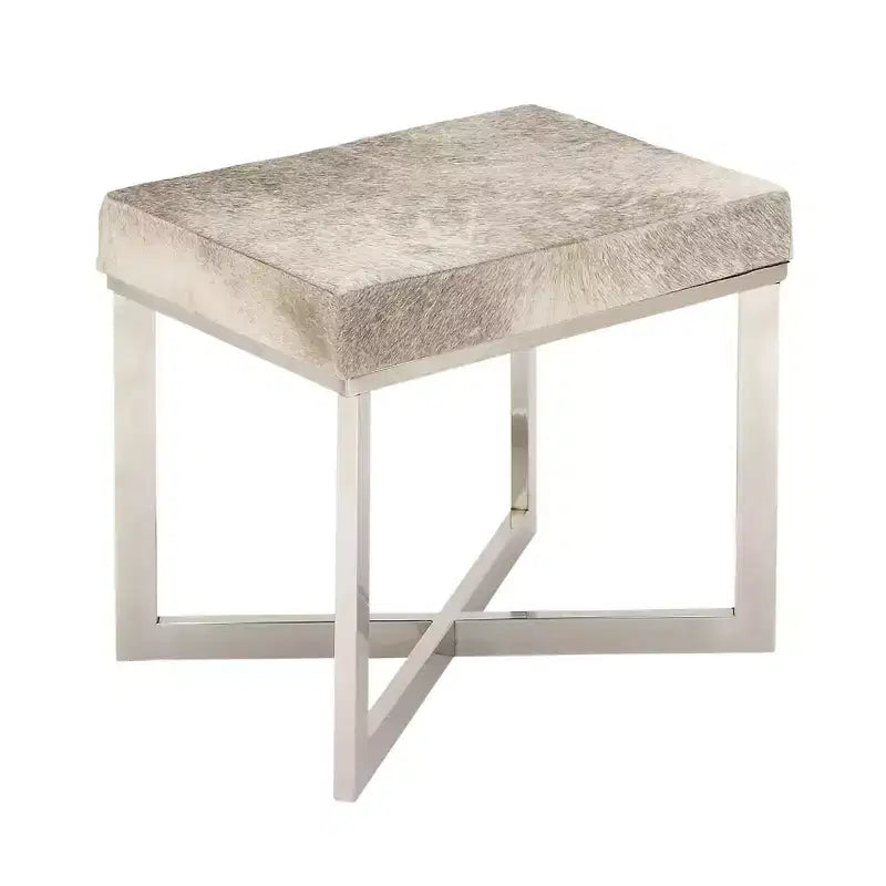 Sgabello quadrato contemporaneo in pelle bovina e acciaio inossidabile argento - Olivia & May