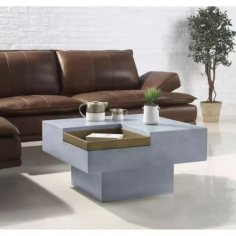 Tavolino da caffè Kailano da 31,5" con finitura grigio anticato - Acme Furniture: Base quadrata, vassoio rimovibile, piano in cemento