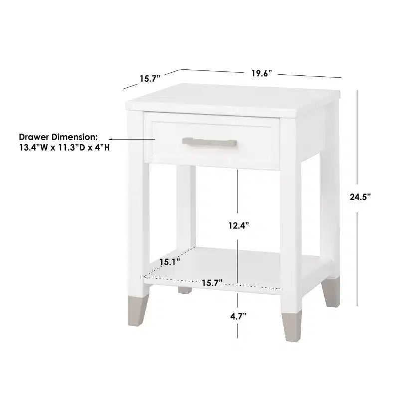 Tavolino laterale Buylateral Rena Bianco: Stile Moderno di Metà Secolo con Cassetto Contenitore e Ripiano Inferiore