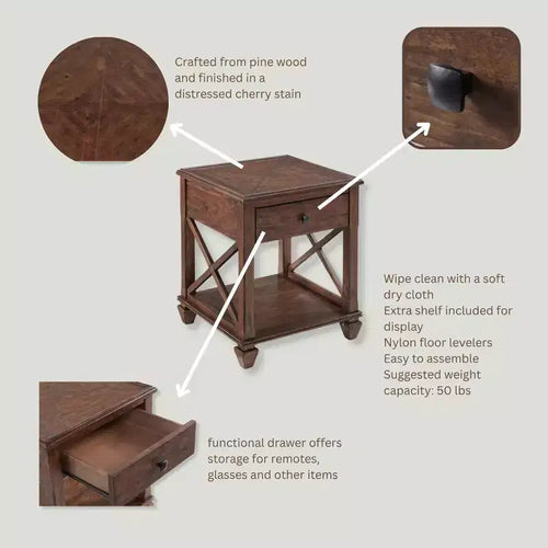 Tavolino quadrato in legno Bridgton da 21" con cassetto color ciliegio - Alaterre Furniture