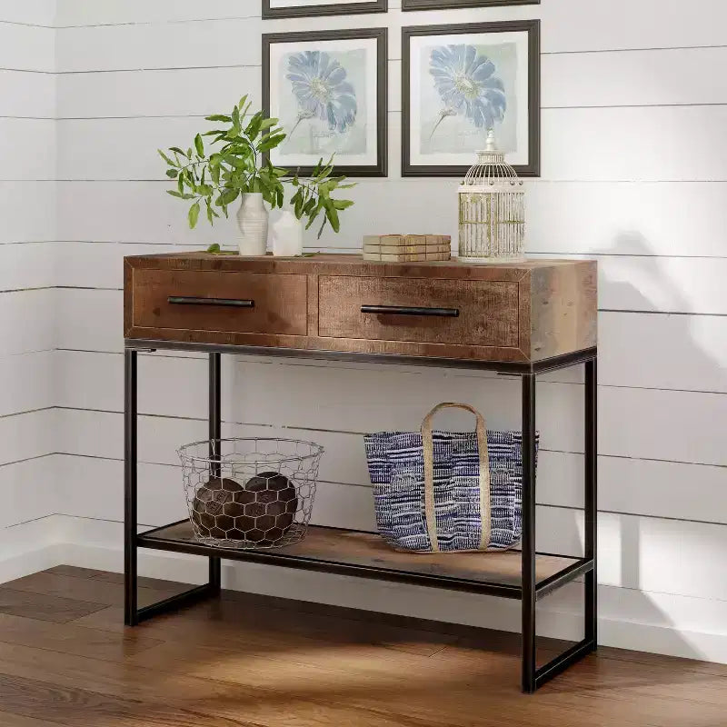 Morris Console Table Marrone - Finch: Finitura Moderna Effetto Usurato, Larghezza 36", Forma Rettangolare per Ingresso, Struttura in Legno