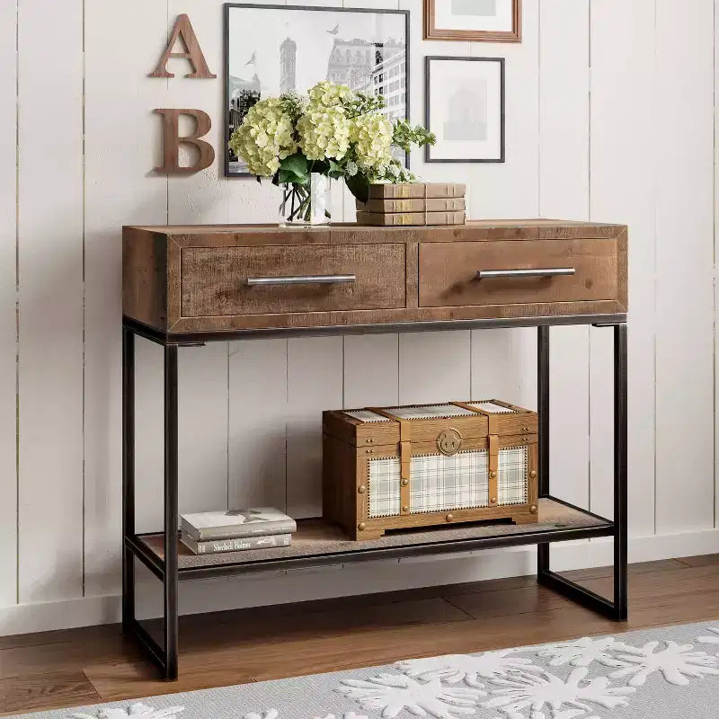 Morris Console Table Marrone - Finch: Finitura Moderna Effetto Usurato, Larghezza 36", Forma Rettangolare per Ingresso, Struttura in Legno