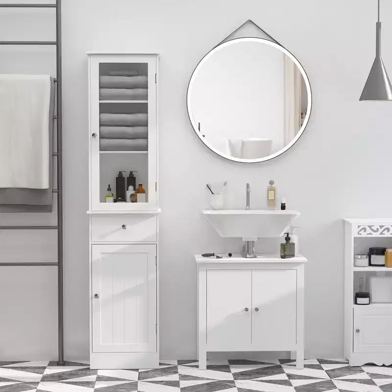 kleankin Armadietto da Bagno Alto, Mobiletto da Bagno Stretto con Anta in Acrilico, Cassetto e Ripiani