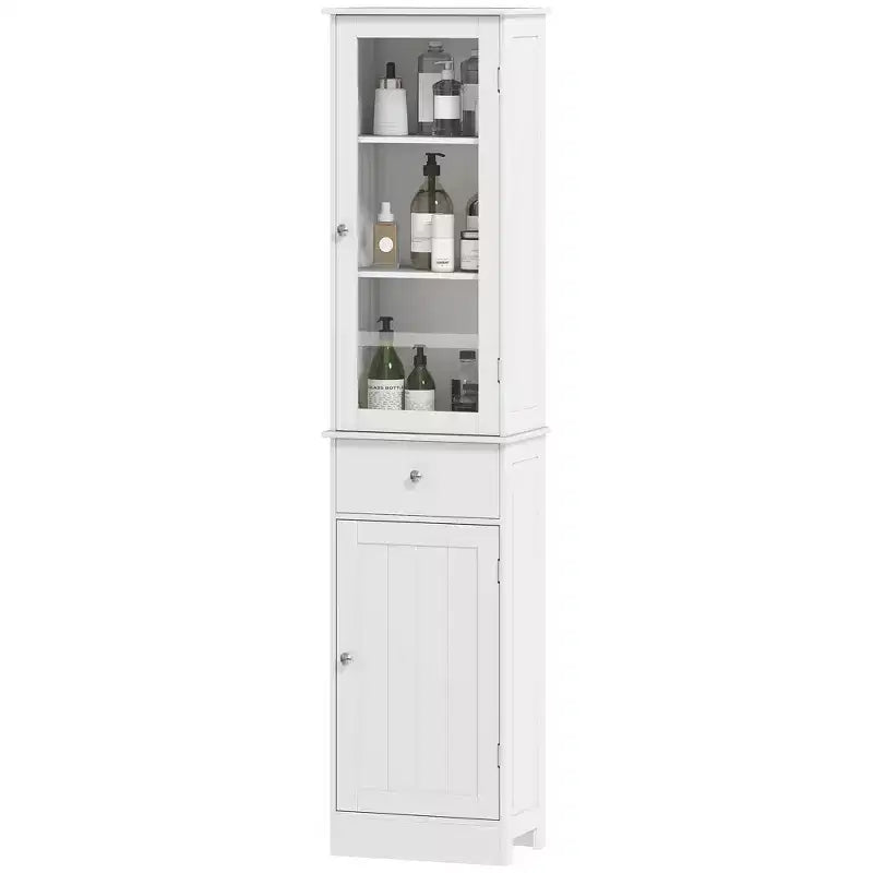 kleankin Armadietto da Bagno Alto, Mobiletto da Bagno Stretto con Anta in Acrilico, Cassetto e Ripiani