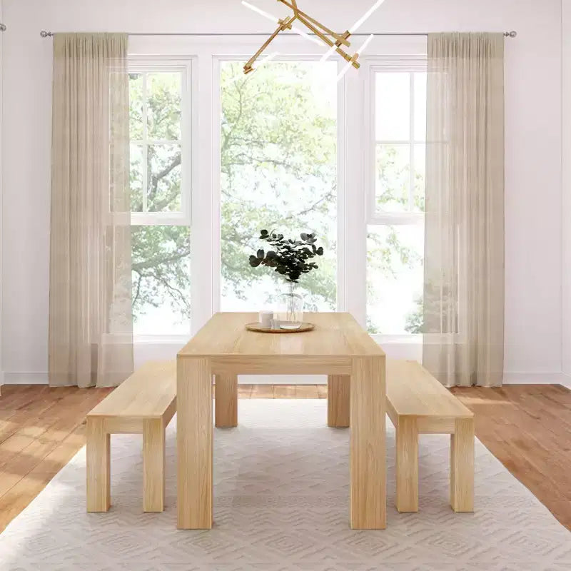 Set tavolo da pranzo moderno in legno massello Plank+Beam con 2 panche per 6 persone