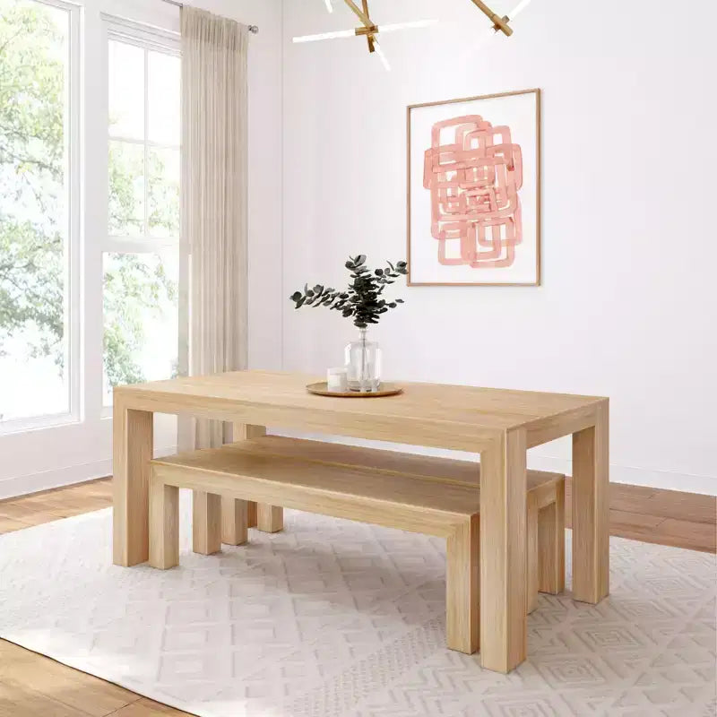 Set tavolo da pranzo moderno in legno massello Plank+Beam con 2 panche per 6 persone