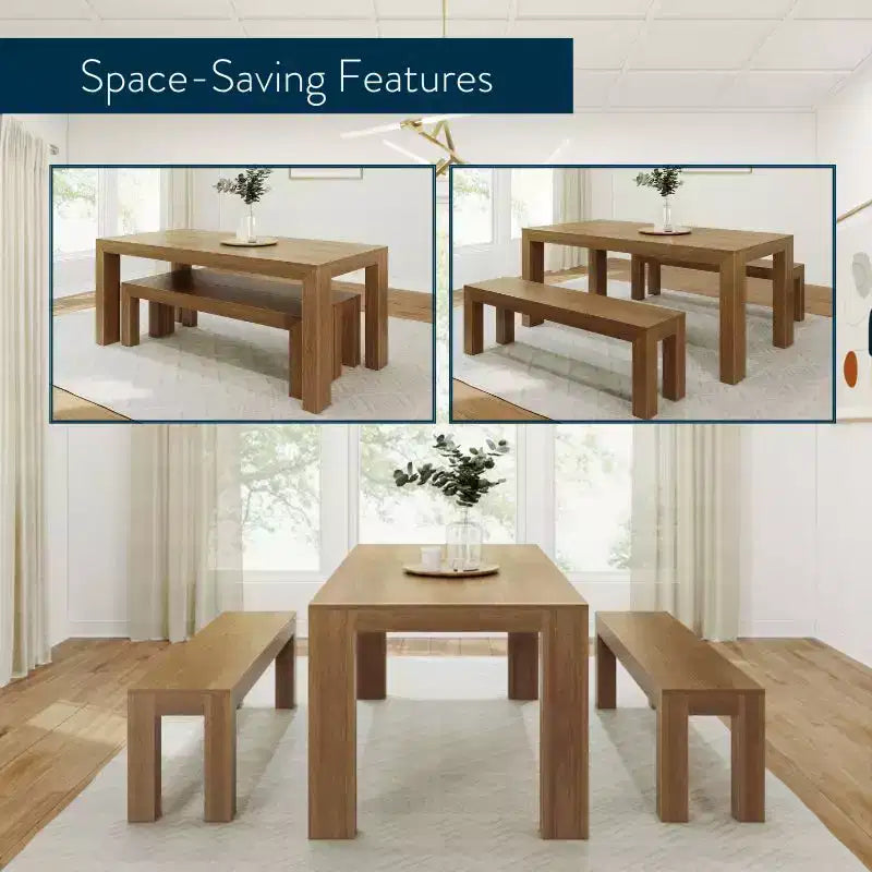 Set tavolo da pranzo moderno in legno massello Plank+Beam con 2 panche per 6 persone