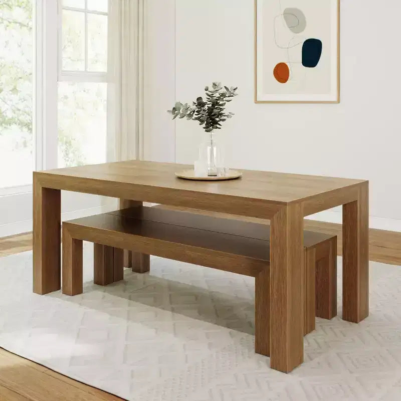 Set tavolo da pranzo moderno in legno massello Plank+Beam con 2 panche per 6 persone