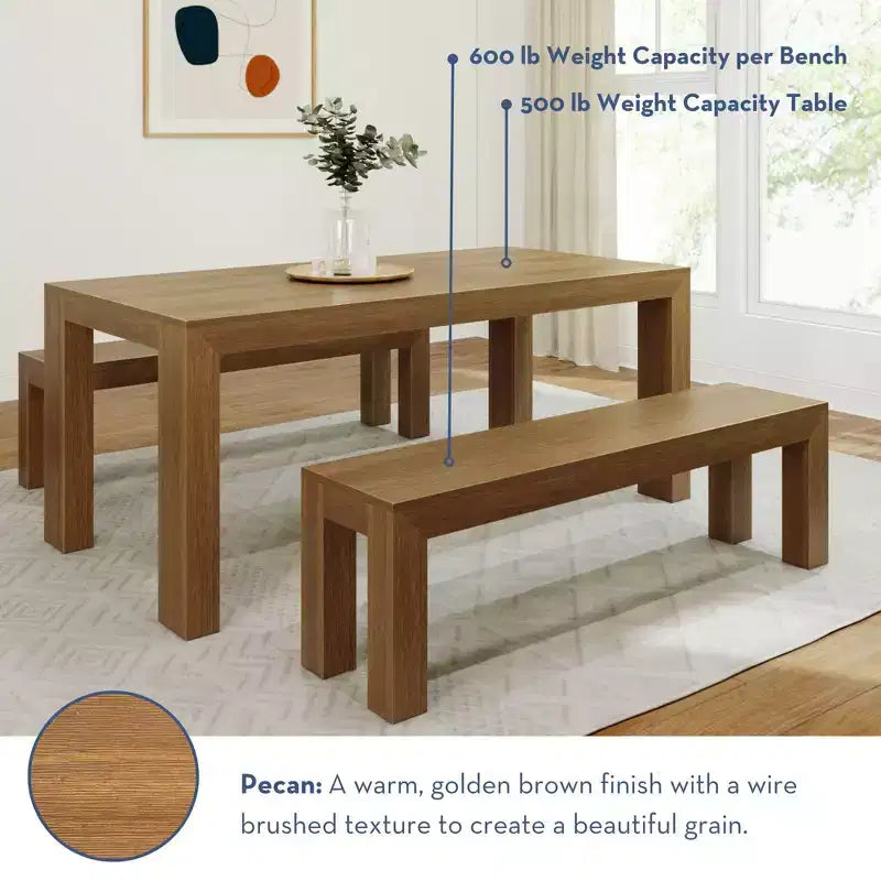 Set tavolo da pranzo moderno in legno massello Plank+Beam con 2 panche per 6 persone