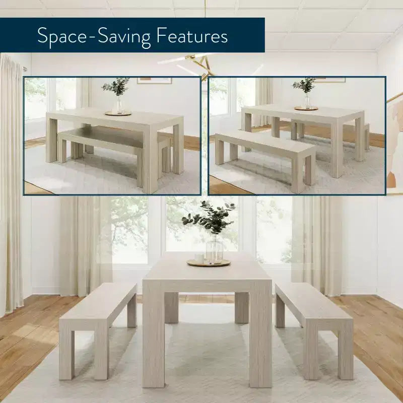 Set tavolo da pranzo moderno in legno massello Plank+Beam con 2 panche per 6 persone