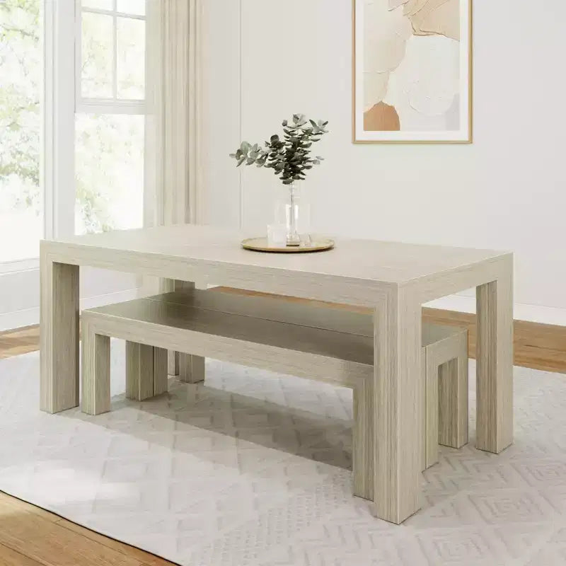 Set tavolo da pranzo moderno in legno massello Plank+Beam con 2 panche per 6 persone