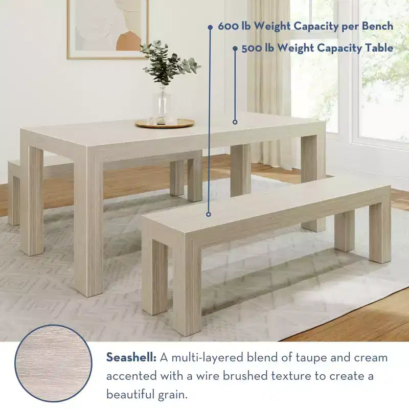 Set tavolo da pranzo moderno in legno massello Plank+Beam con 2 panche per 6 persone