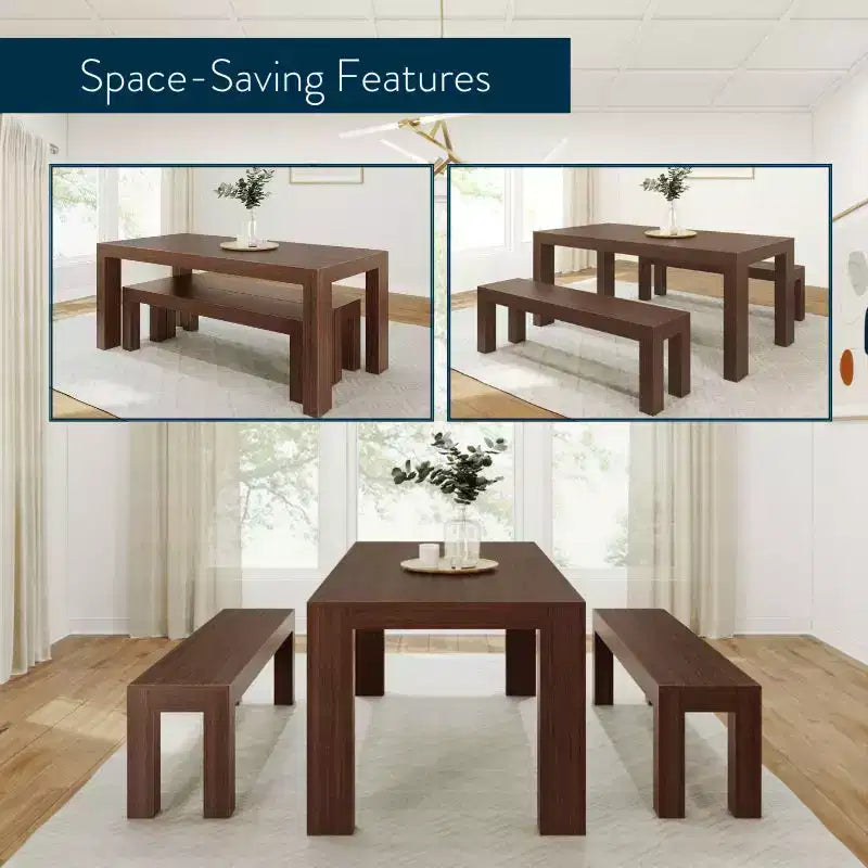 Set tavolo da pranzo moderno in legno massello Plank+Beam con 2 panche per 6 persone