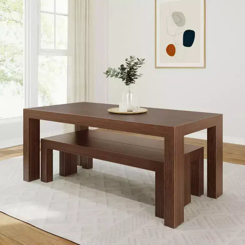 Set tavolo da pranzo moderno in legno massello Plank+Beam con 2 panche per 6 persone