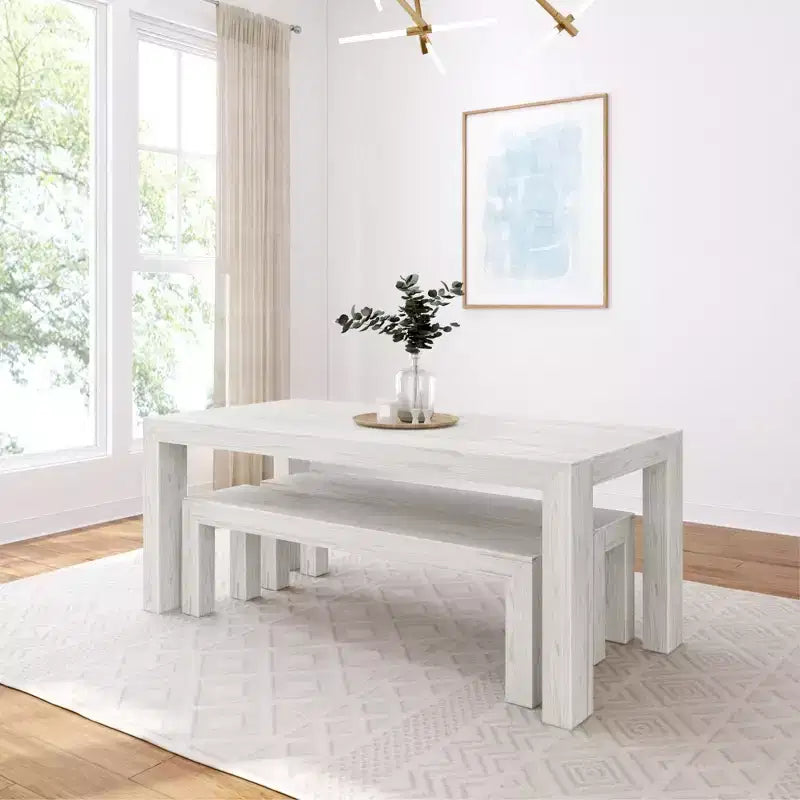 Set tavolo da pranzo moderno in legno massello Plank+Beam con 2 panche per 6 persone