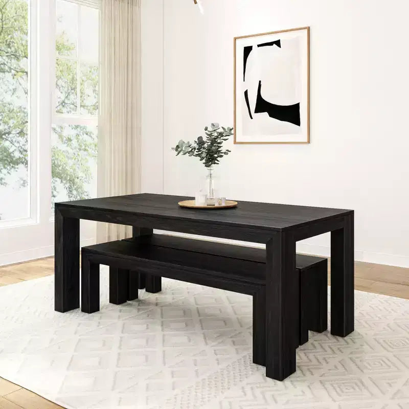 Set tavolo da pranzo moderno in legno massello Plank+Beam con 2 panche per 6 persone