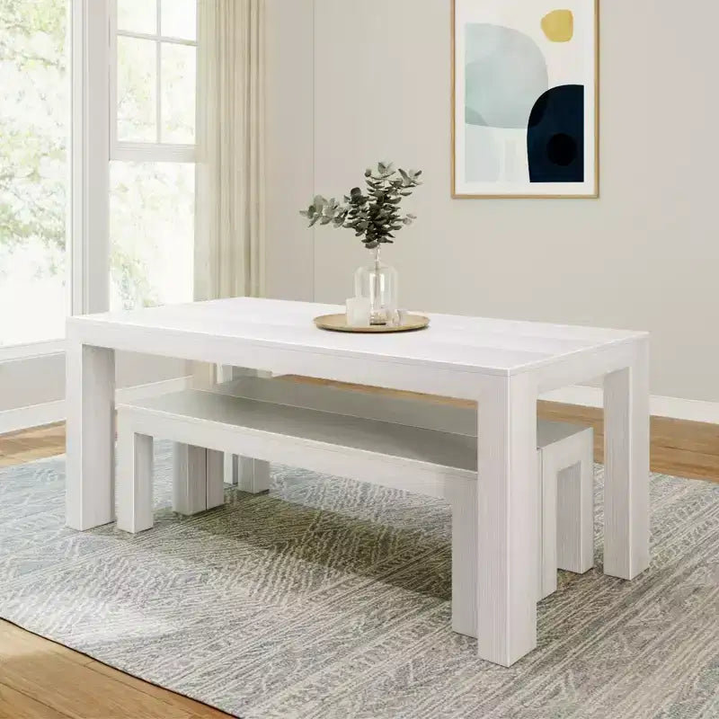 Set tavolo da pranzo moderno in legno massello Plank+Beam con 2 panche per 6 persone