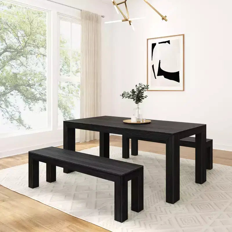 Set tavolo da pranzo moderno in legno massello Plank+Beam con 2 panche per 6 persone