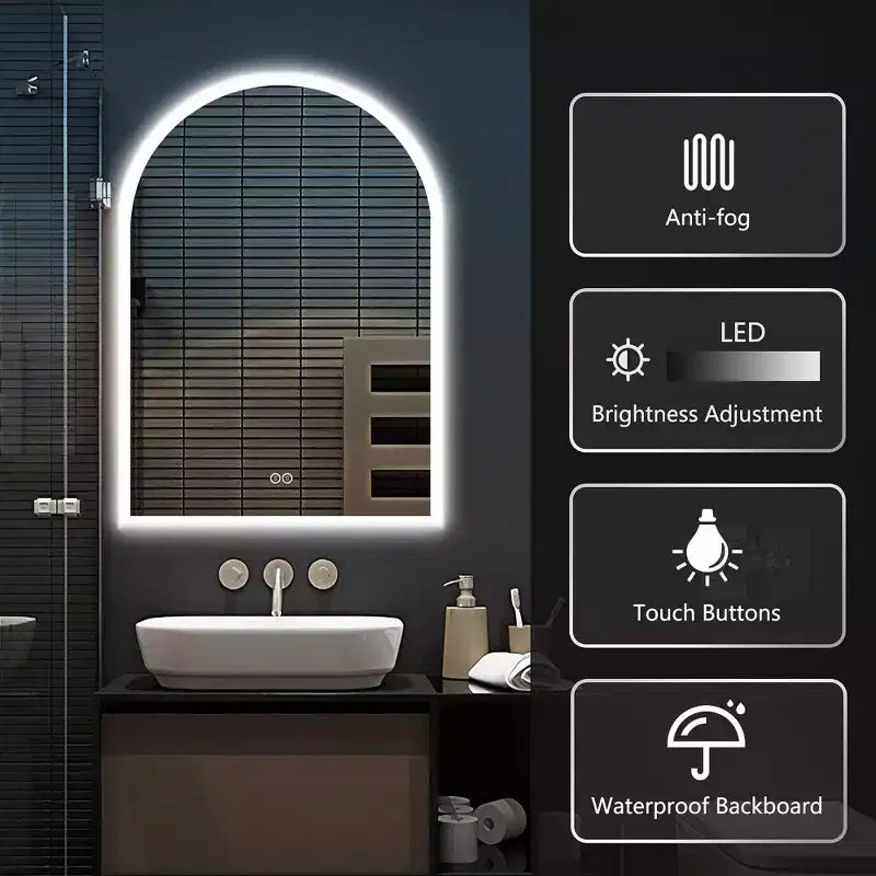Dovelina Specchio da bagno ad arco, specchio LED con antiappannamento