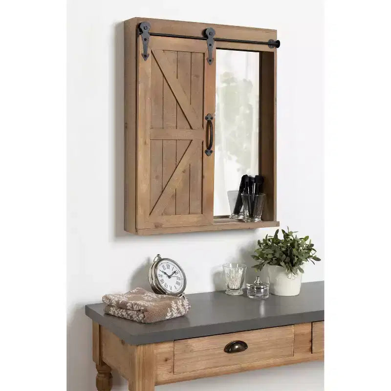 Mobiletto decorativo da parete in legno con specchio e anta scorrevole in stile rustico - Kate & Laurel All Things Decor